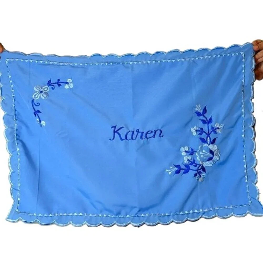 Vintage “Karen” Embroidered Pillow Case Sham‎ Funny Gift Joke Custom Blue